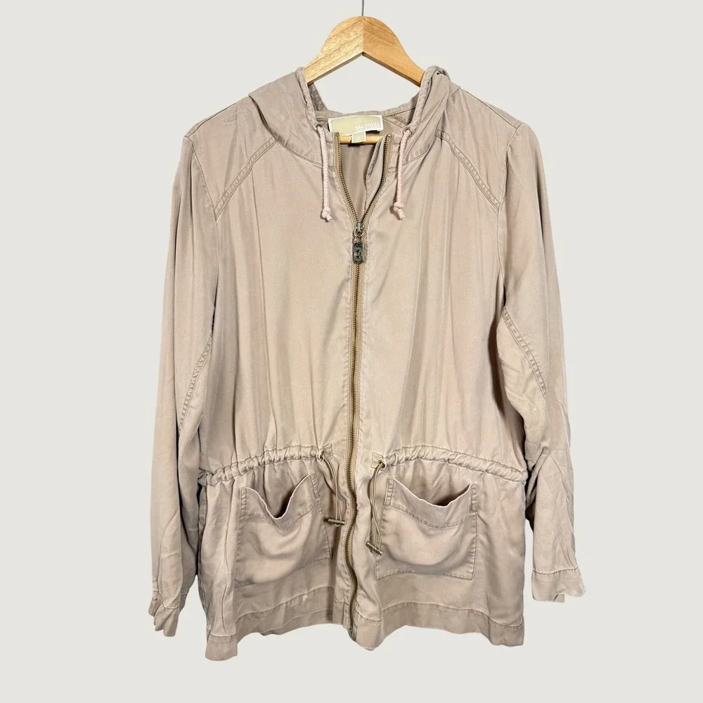 Michael Kors Womens Tan Lyocell Hooded Anorak Jacket Drawstring Waist Large